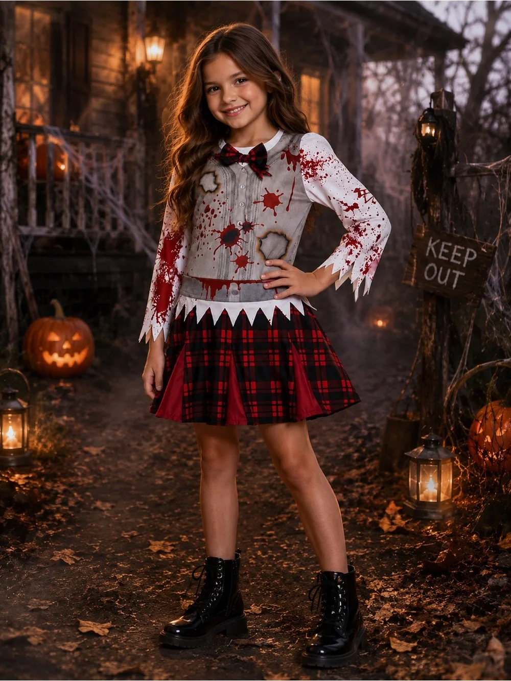Girls S 7/8 Halloween Zombie Costume Blood Splatter Plaid Dress Knee High Socks